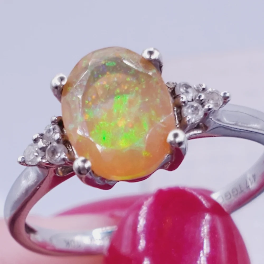 10k Solid White Gold Genuine Ethiopian Oval Opal & White Zircon Ring
